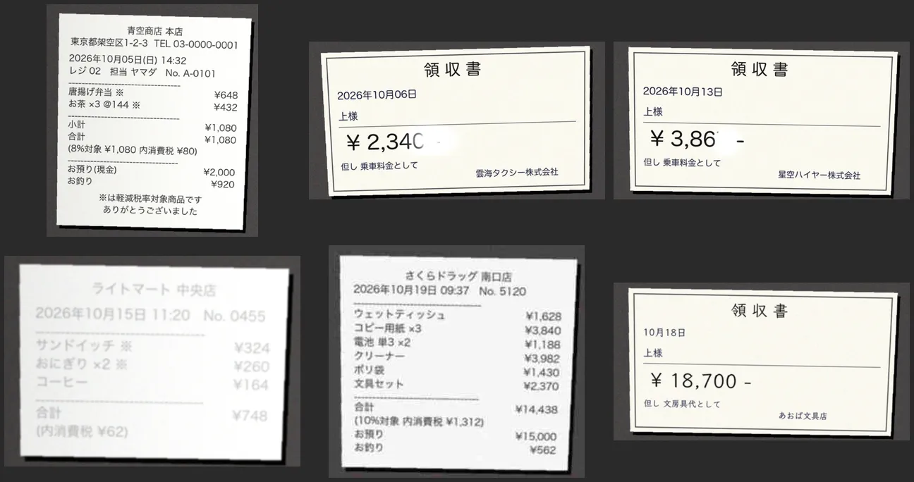 実験に使った架空の領収書の写真。反射で金額の末尾が隠れたタクシーの領収書や、退色したレシート、低解像度のレシートなどが並んでいる。