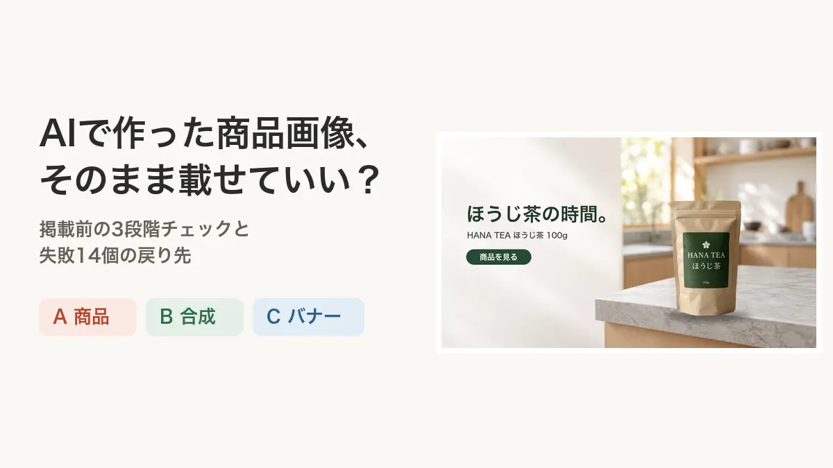 左に「AIで作った商品画像、そのまま載せていい？」の見出しと、商品・合成・バナーの3つのラベル。右にお茶の袋が写ったバナー画像。