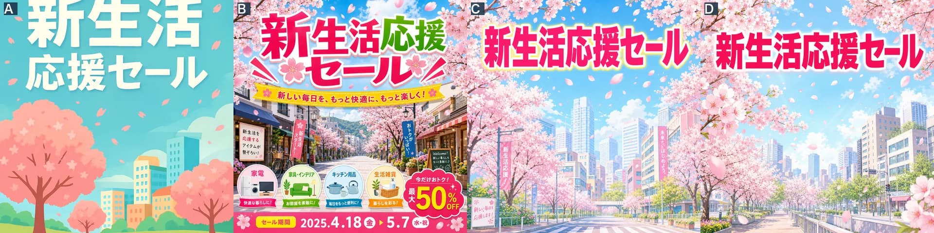 4つのMCPが作ったポスター。左から、A、B、C、D。見出しの日本語は4つとも正しく、Bだけ頼んでいない日付や割引が増えている。
