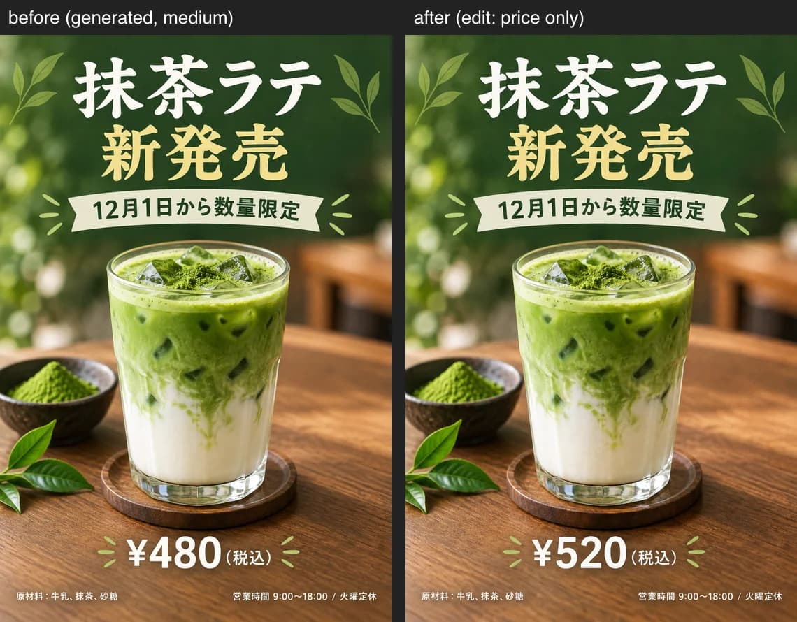 編集の前後。左は生成直後の「¥480」のポスター、右は価格だけ「¥520」に書き換えた編集後のポスター。そのほかは変わっていない。
