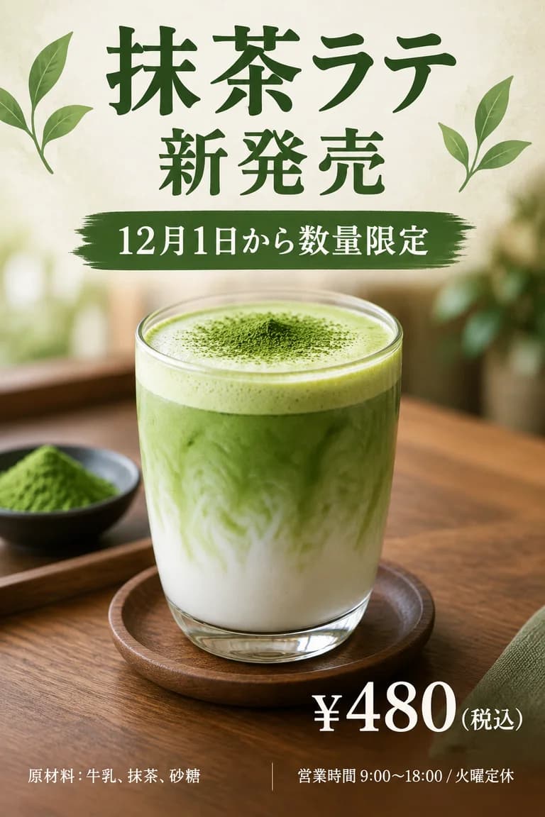gpt-image-2.5 Flare の low で作った日本語ポスター。大見出し、日付、価格、小さい原材料と営業時間まで、すべて正しい。