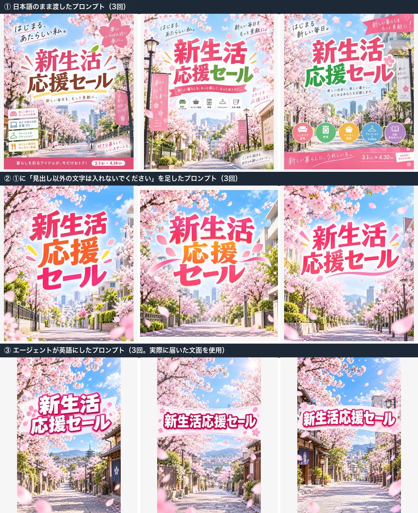桜の街並みのポスターを9枚。上段は日本語のまま渡した3枚で、日付やキャッチコピーなど余計な文字が多く入っている。中段は日本語に「見出し以外の文字は入れないで」を足した3枚で、見出しだけ。下段はエージェントが英語にした3枚で、見出しだけ。