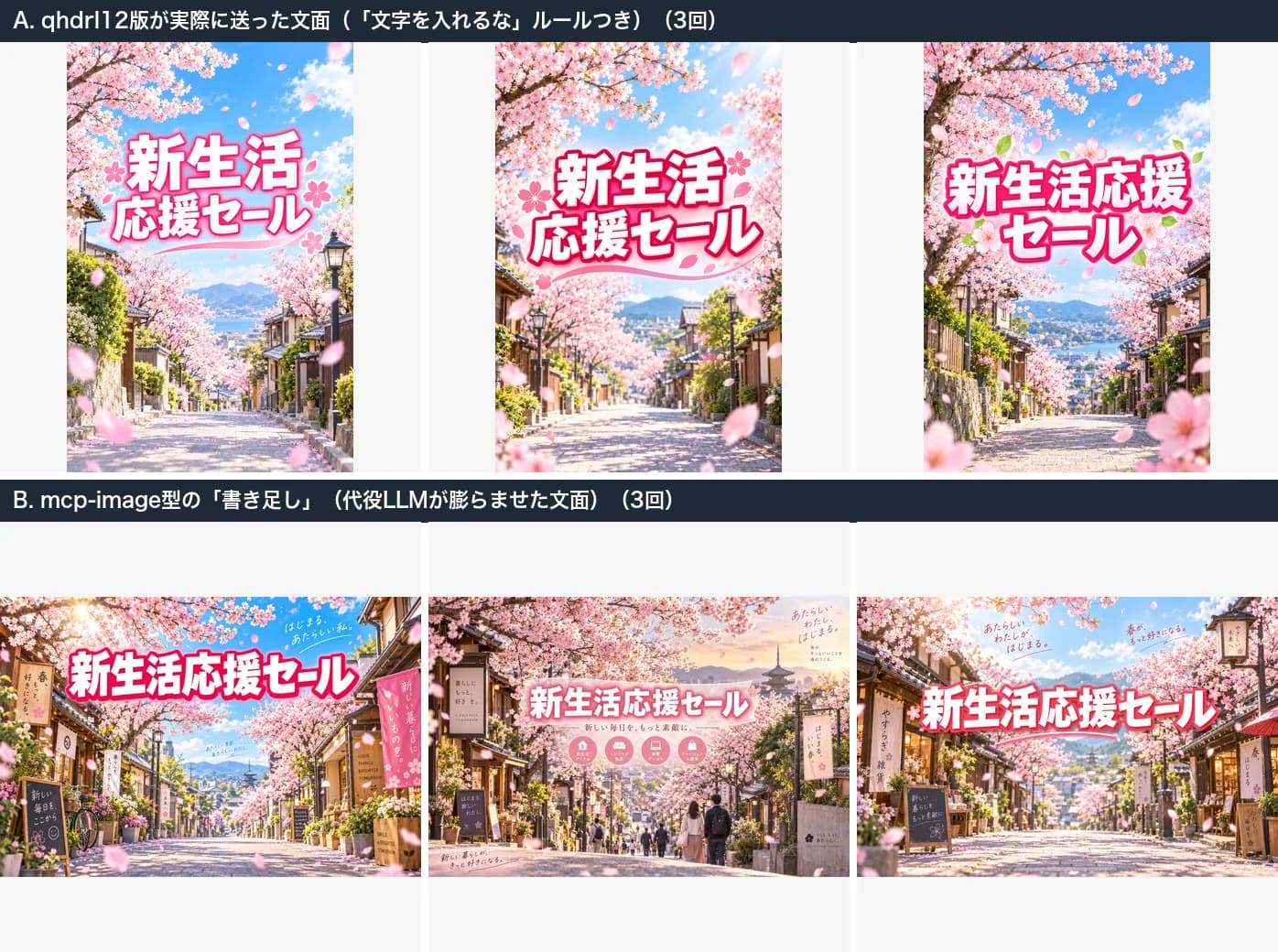 桜の街並みのポスターを6枚。上段はqhdrl12型の文面で、見出しだけが描かれている。下段はmcp-image型の文面で、見出しに加えてキャッチコピーや看板などの文字が多い。