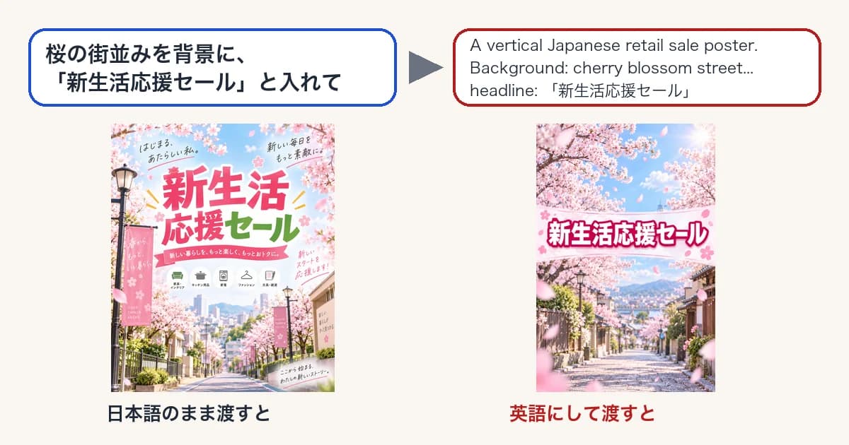 左に日本語の依頼文の吹き出し、右に英語のプロンプトの吹き出し。その下に、桜の街並みのポスター画像が2枚並んでいる。