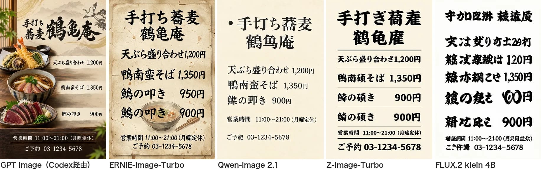 蕎麦屋のメニューポスターの比較。左からGPT Image、ERNIE-Image-Turbo、Qwen-Image 2.1、Z-Image-Turbo、FLUX.2 klein 4B。
