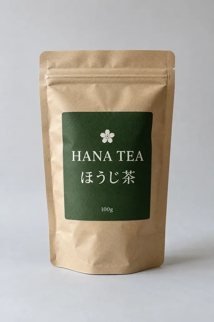 実験に使った元の写真。ベージュの紙袋に深緑のラベル。ラベルには花のマーク、HANA TEA、ほうじ茶、100gと書かれている。