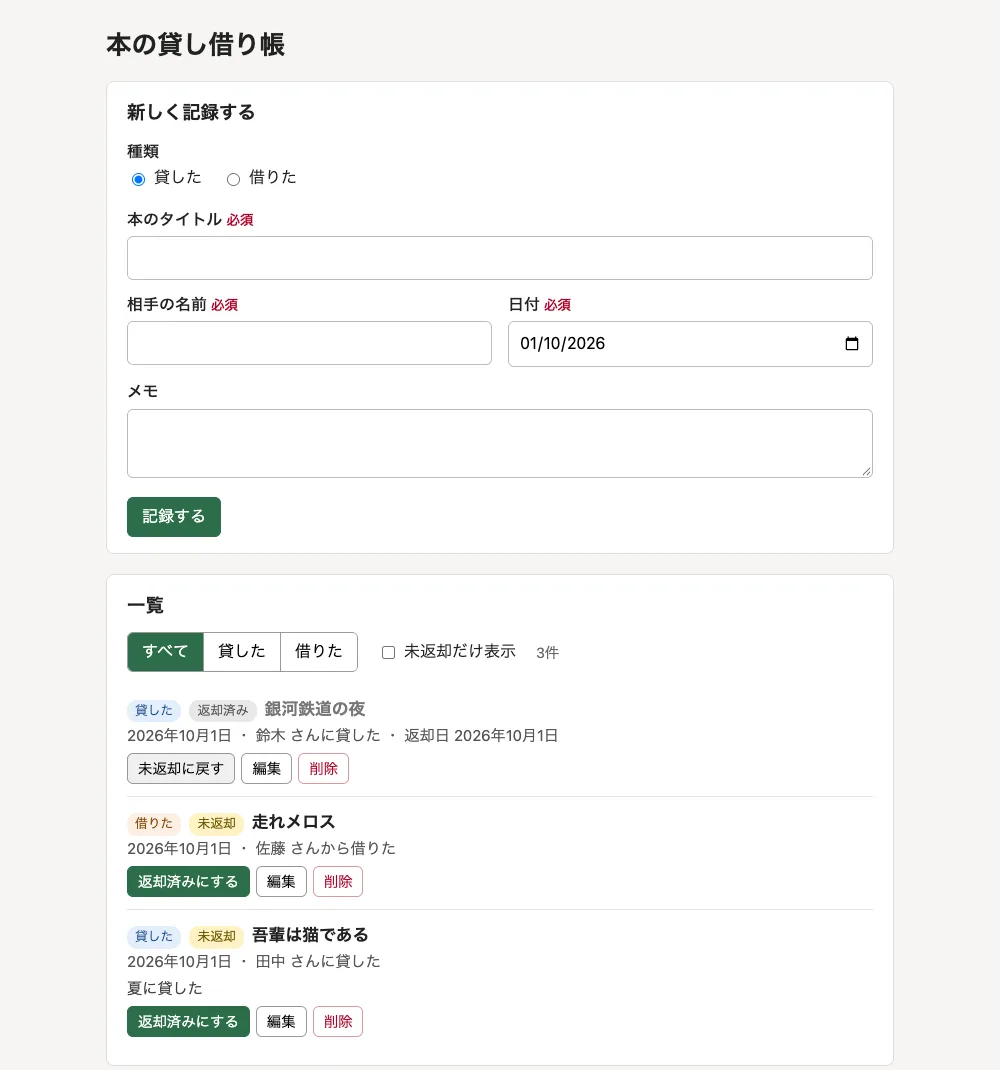 最初に生成された画面。上に「新しく記録する」フォームがあり、その下に一覧が出ている