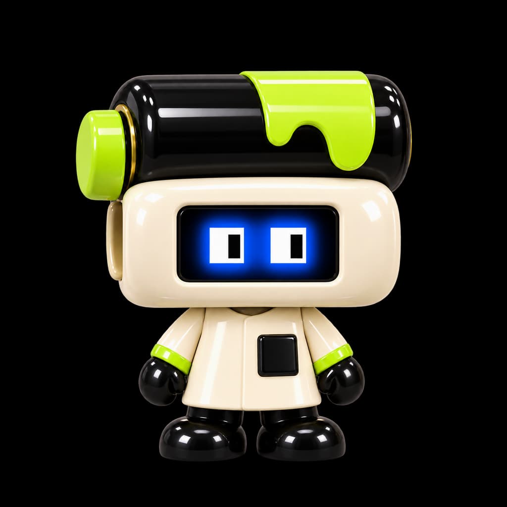 黄緑のインクが垂れた黒いインクローラーを頭にのせた、aachatのキャラクター「インクローラー」
