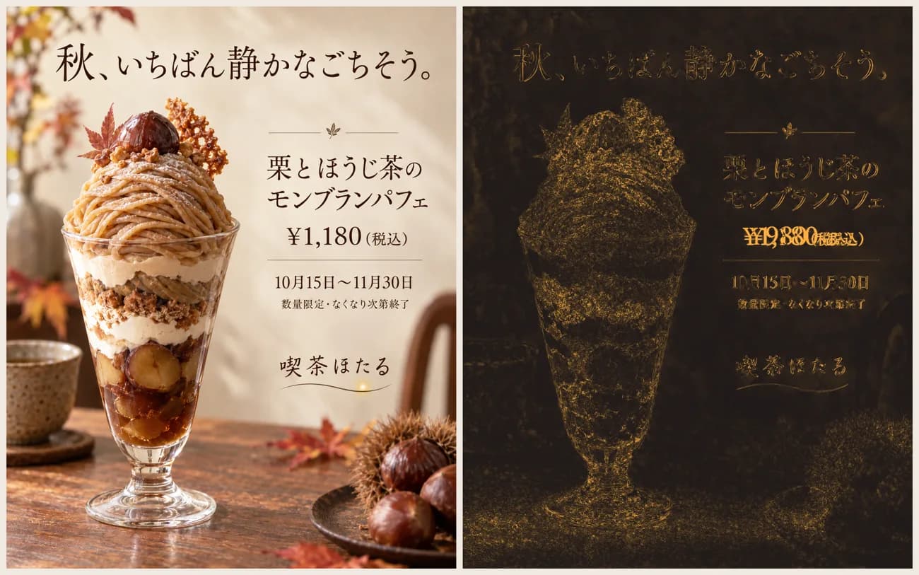 左は価格を¥1,180に差し替えた画像。右は元画像との差を可視化した図で、価格の行が最も明るく、パフェやグラスの輪郭、文字の縁にも細かい差が出ている。