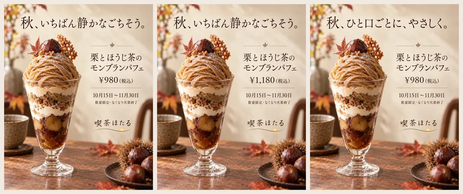 左から、元の案3、価格だけを¥1,180に変えたもの、キャッチコピーだけ変えたもの。
