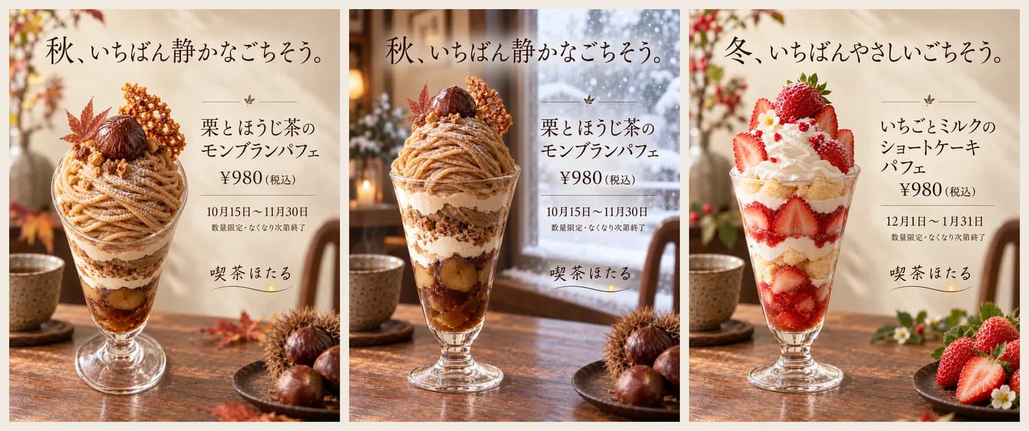 左から、斜め上のアングルに変えた版、冬の窓辺に変えた版、いちごのパフェに展開した版。