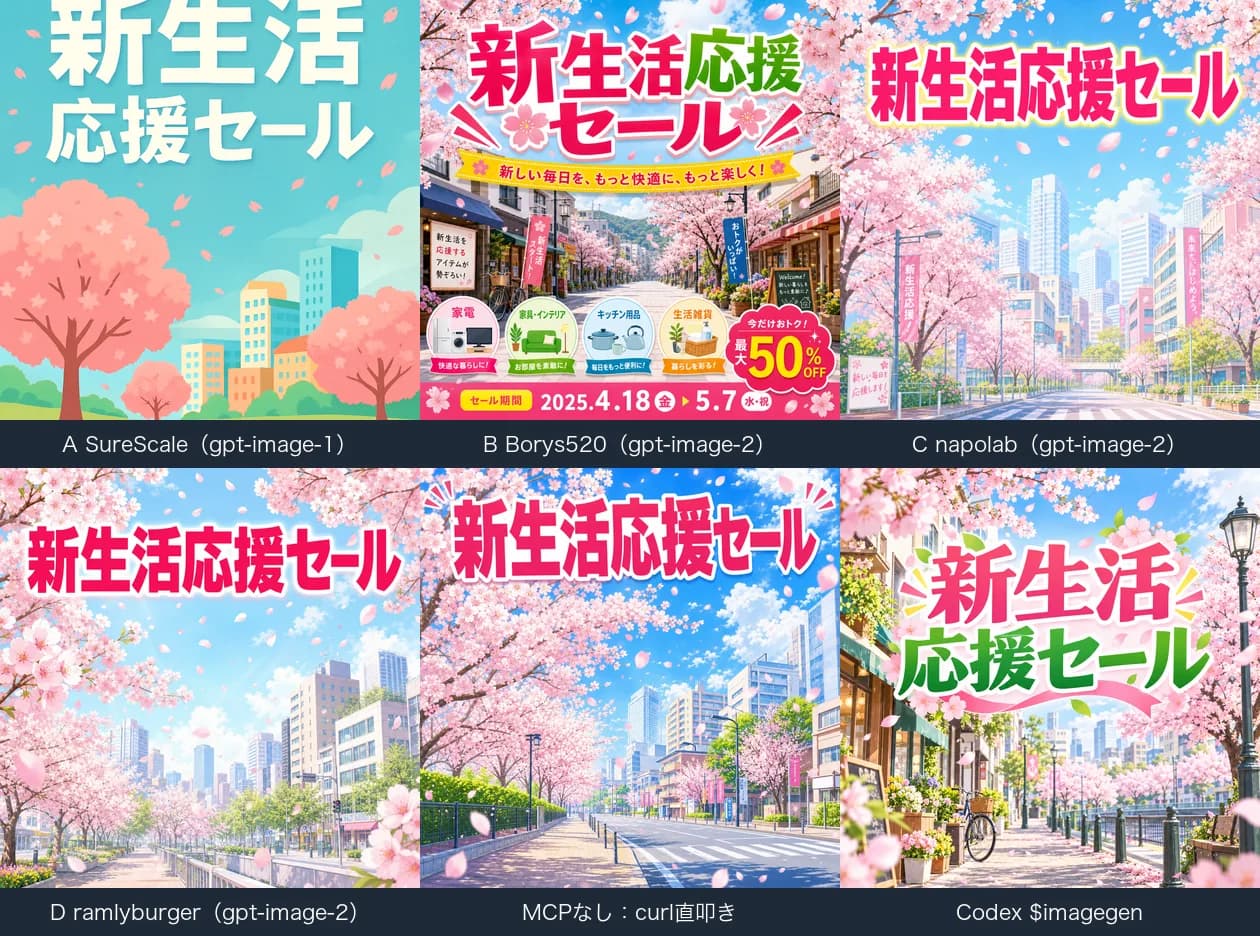同じお題で作った6枚。A(gpt-image-1)は見出しが上に切れている。B・C・Dとcurl・Codexは「新生活応援セール」が正しく描かれている。